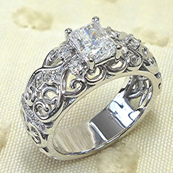 🔥NEW DIAMOND DAINTY RADIANT CUT CARVED 925 STERLING SILVER ETERNITY RING, K997 - Picture 1 of 5